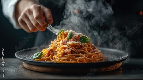 National Spaghetti Day: A chef serving a steaming plate of spaghetti in a cozy Italian restaurant.