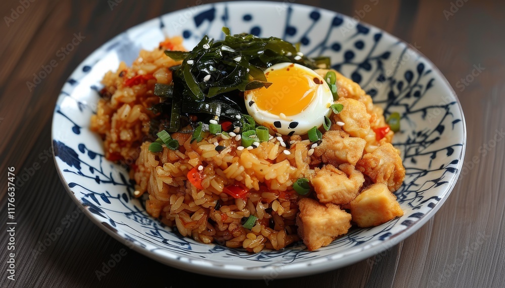 Spicy Fried Rice with Kimchi, Egg, Seaweed, and Sesame on Decorative Blue Plate Spicy Fried Rice with Kimchi, Egg, Seaweed, and Sesame on Decorative Blue Plate