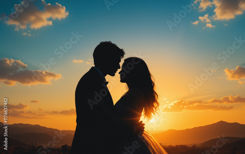 Romantic silhouette of a couple embracing at sunset with a scenic landscape, Beautiful scenic sky, warm tones, and passionate love, Perfect for wedding, anniversary, or valentine day
