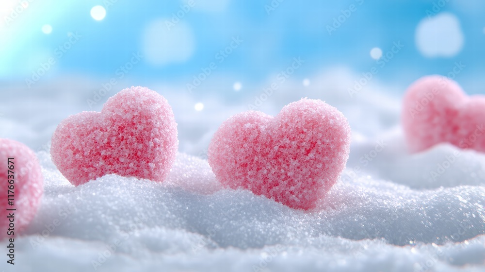 Fototapeta premium Pink Heart Shapes in Sparkling Snow Against a Soft Blue Background