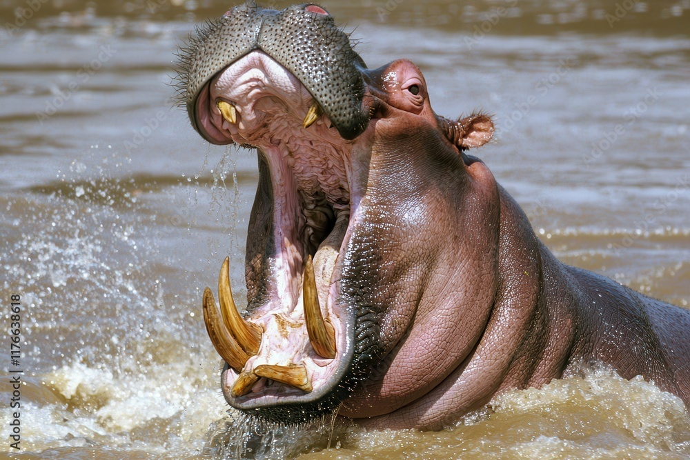Fototapeta premium A close-up of a hippopotamus opening its mouth wide in a river.