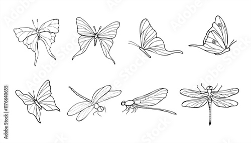 Flying butterflies and dragonflies vector isolated illustration clip art. Abstract fluttering insects painted by black inks. Decorative animal element set for Valentine day card design, tattoo