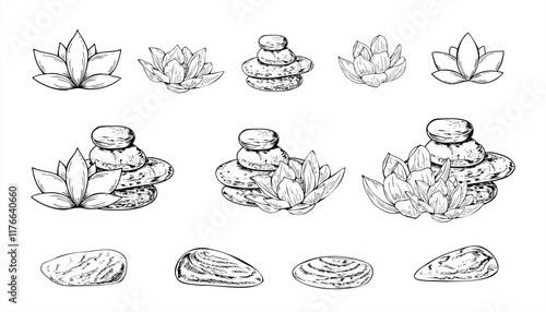Pyramid of sea stones of different sizes and blooming lotus vector hand drawn illustration clip art. Pebbles and flowers etching drawing set. For creating new composition, spa centers, coloring book