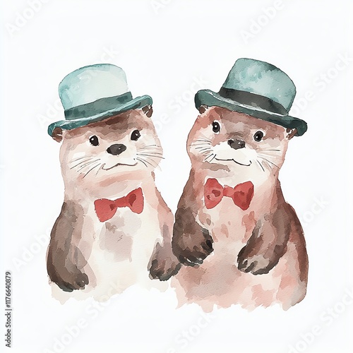Two charming otters dressed in hats and bow ties, showcasing a playful and whimsical character.