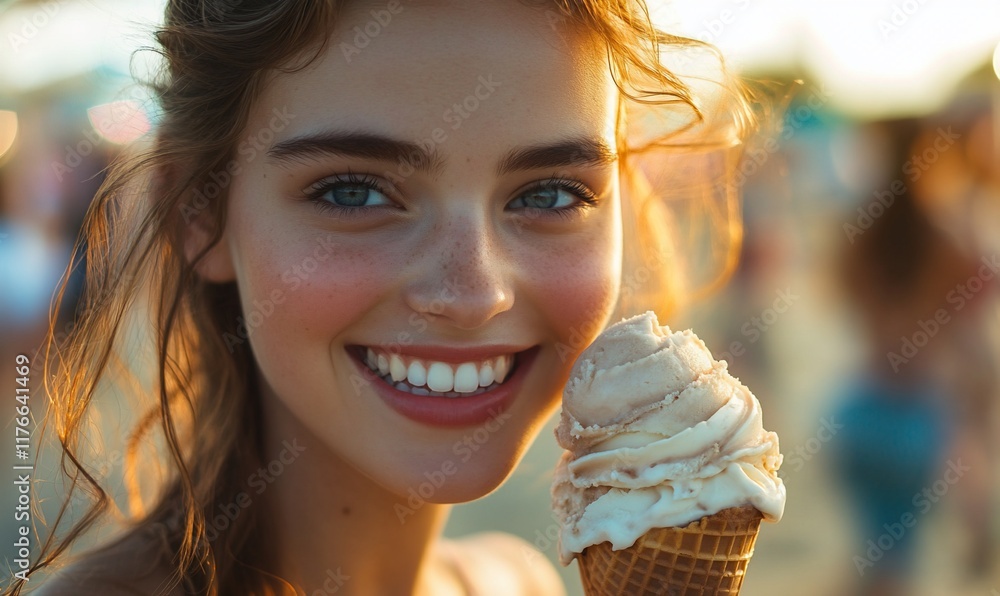 Woman smiles, eating ice cream at summer festival