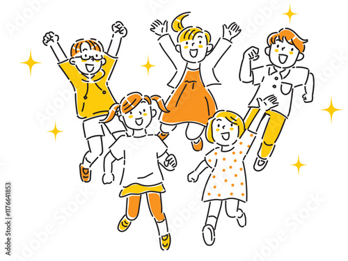 笑顔でこちらに向かって走ってくる子どもたちの手描きイラスト