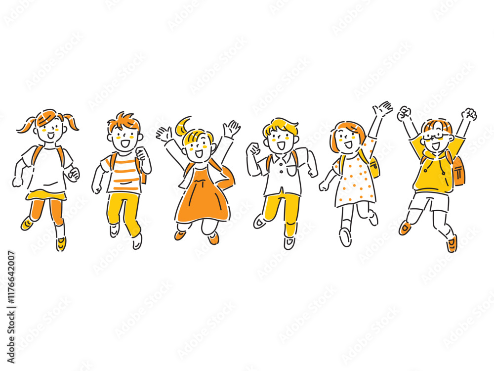 Naklejka premium ランドセルを背負ってこちらに向かって走ってくる子どもたちのセット