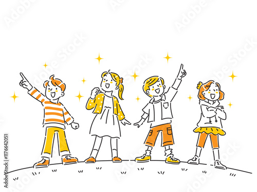 未来を目指し、空を見上げる４人の子どもたち