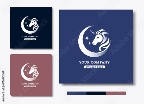 Minimialist logo design featuring a stylized unicorn's head nestled within a crescent moon. The design is presented in three color variations, offering options for different brand identities.