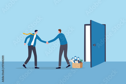 Offboarding process for employee leaving company, farewell or departure, quit job, decision for new opportunity, terminate work contract process, businessman manager check hands with leaving employee.