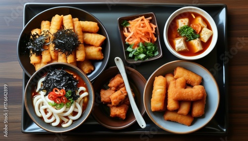 Wallpaper Mural Delicious Spicy Tteokbokki Combo with Various Sides and Colorful Vegetables Torontodigital.ca