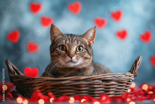 Cat with red heart sitting in basket. Happy Valentine day
