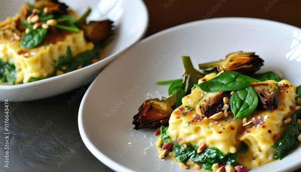 Delicious Spinach and Ricotta Manicotti with Artichokes and Pine Nuts Served in White Dish