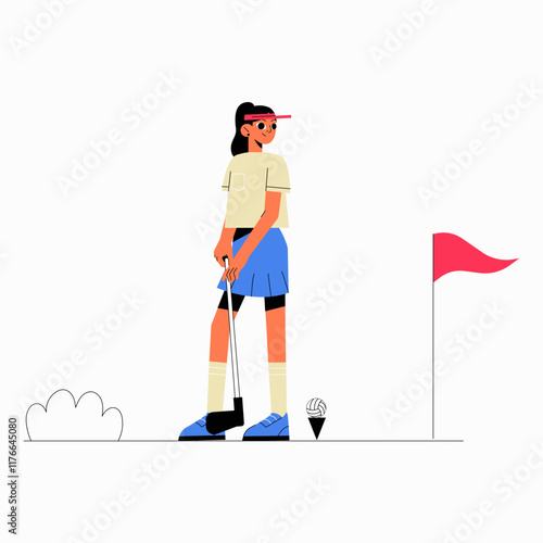 Female golfer preparing for a shot in flat vector illustration symbolizing focus, precision, and outdoor sports, isolated on white background.