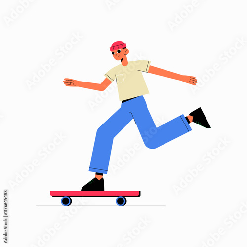 Male skater riding a skateboard in flat vector illustration symbolizing urban lifestyle, transportation, and sport, isolated on white background.