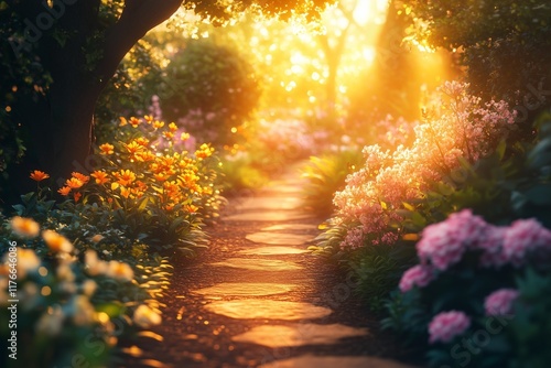 Enchanting garden pathway at sunset with glowing flowers and lush greenery