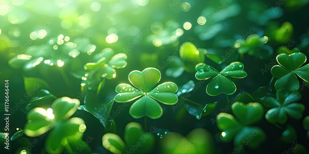 Emerald Tapestry: A Lush Field of Clover Leaves Glistening with Dewdrops Emerald Tapestry: A Lush Field of Clover Leaves Glistening with Dewdrops