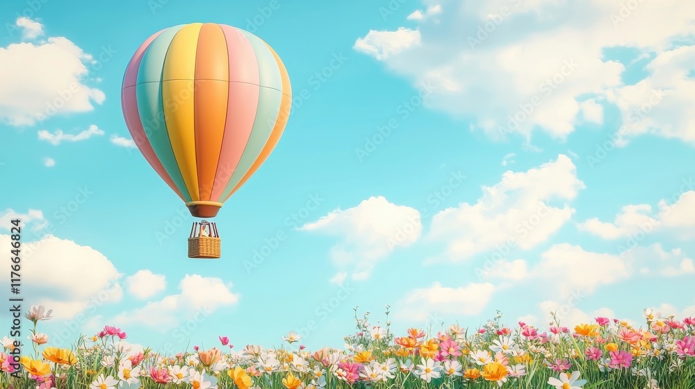 Fototapeta premium Spring time inspired relaxation. Colorful hot air balloon soaring over a vibrant flower field under a bright blue sky.