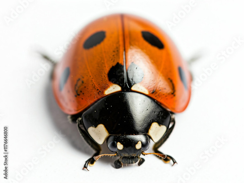 Macro shot of a vibrant red ladybug with black spots perched on a green leaf against a white background, showcasing the intricate details of this beneficial insect in nature