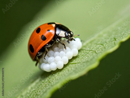 A close-up of a red and black spotted ladybug insect on white little eggs on the green leaf