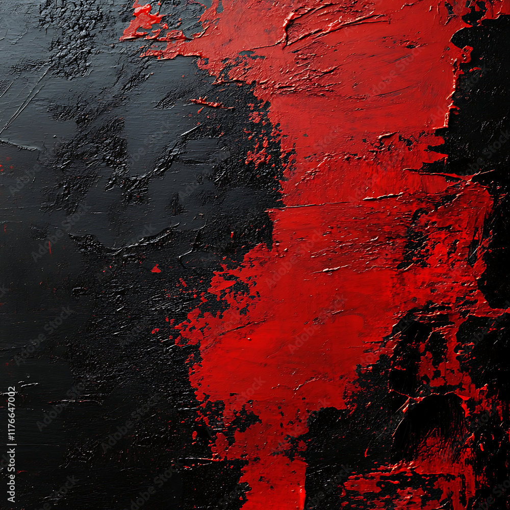 A detailed abstract design featuring bold red paint strokes against a textured black background, emphasizing vivid contrasts and intricate patterns in a modern artistic style.