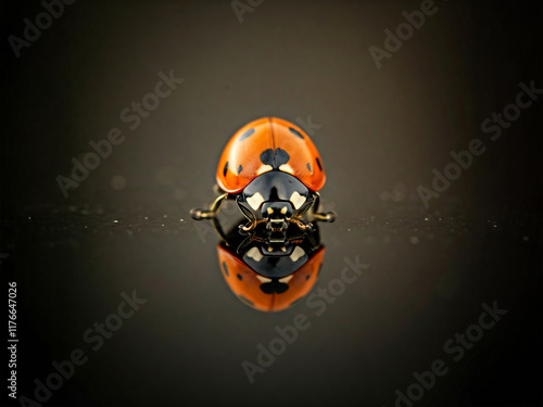 A vibrant red ladybug with black spots rests on a dark reflective area, a captivating macro shot showcasing the beauty of nature's intricate details