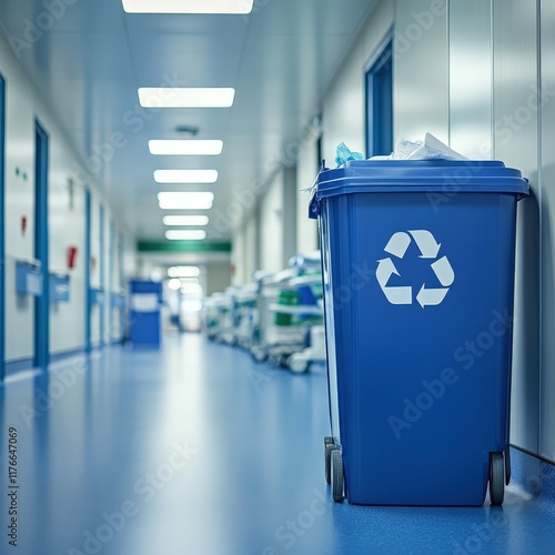 Blue Recycling Bin in Hospital Corridor with Bright Lighting and Clean Floor, Promoting Eco-Friendly Practices in Healthcare Facilities and Waste Management Efforts.