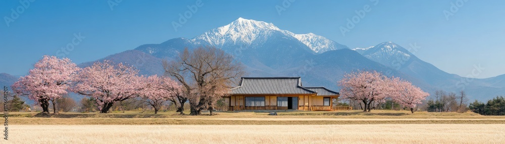 A serene landscape featuring pink cherry blossom trees, a traditional house, and snow-capped mountains under a clear blue sky A serene landscape featuring pink cherry blossom trees, a traditional house, and snow-capped mountains under a clear blue sky