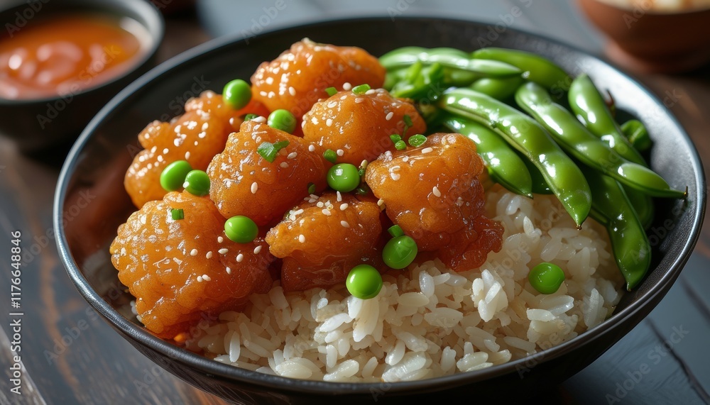 Sweet and Sour Pork Combo Served on Rice with Green Vegetables and Peas in Bowl Sweet and Sour Pork Combo Served on Rice with Green Vegetables and Peas in Bowl