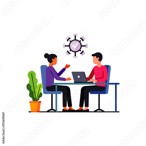 Business Discussion. Vector cartoon illustration in a flat style of a group of diverse people leading a discussion at a table near a whiteboard with charts and graphs. Isolated on background
