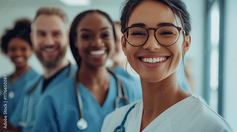 A group of smiling medical professionals standing in line, looking at the camera with happy expressions and wearing glasses, showcasing teamwork in healthcare. A group of smiling medical professionals standing in line, looking at the camera with happy expressions and wearing glasses, showcasing teamwork in healthcare.