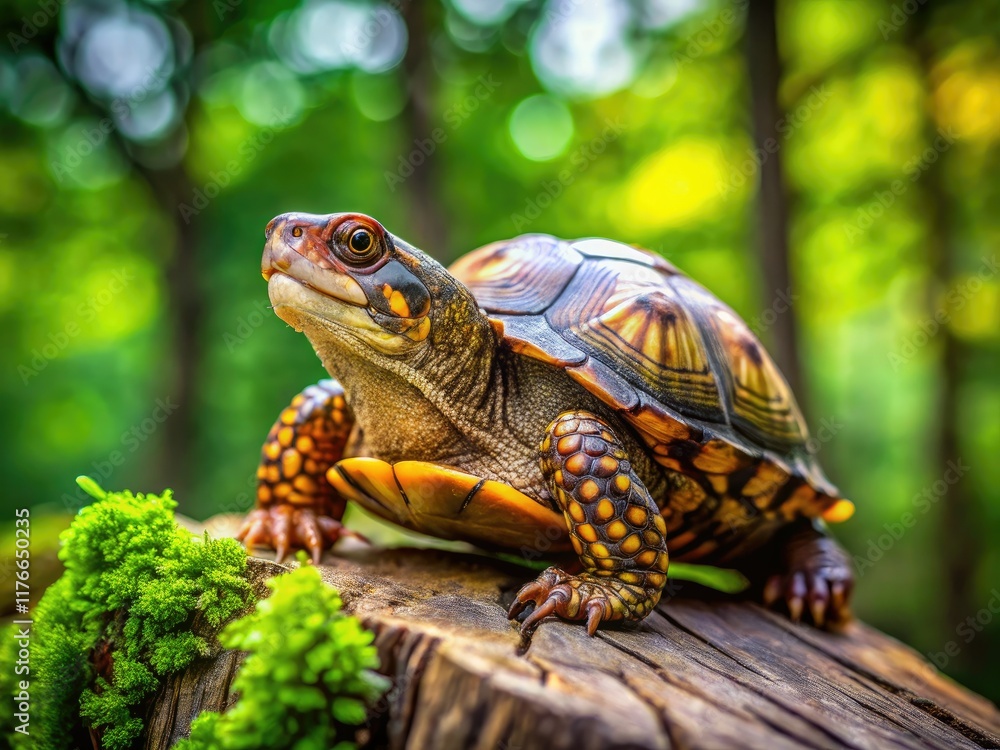 A box turtle basks, sharply in focus, atop a sun-drenched log, a testament to nature's detail. A box turtle basks, sharply in focus, atop a sun-drenched log, a testament to nature's detail.