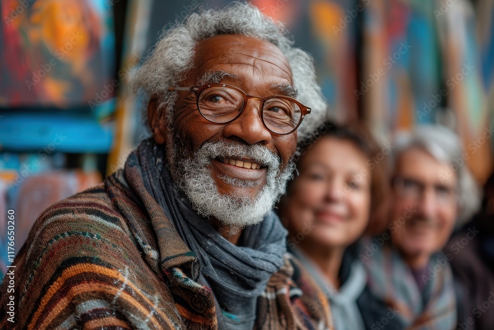 A smiling elderly man with glasses sits in front of colorful artwork, surrounded by friends, radiating warmth and joy. A smiling elderly man with glasses sits in front of colorful artwork, surrounded by friends, radiating warmth and joy.