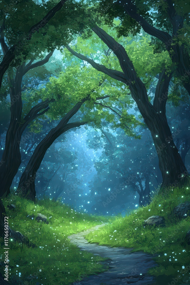 Fototapeta premium Tranquil Forest Path with Ethereal Glow of Fireflies at Dusk