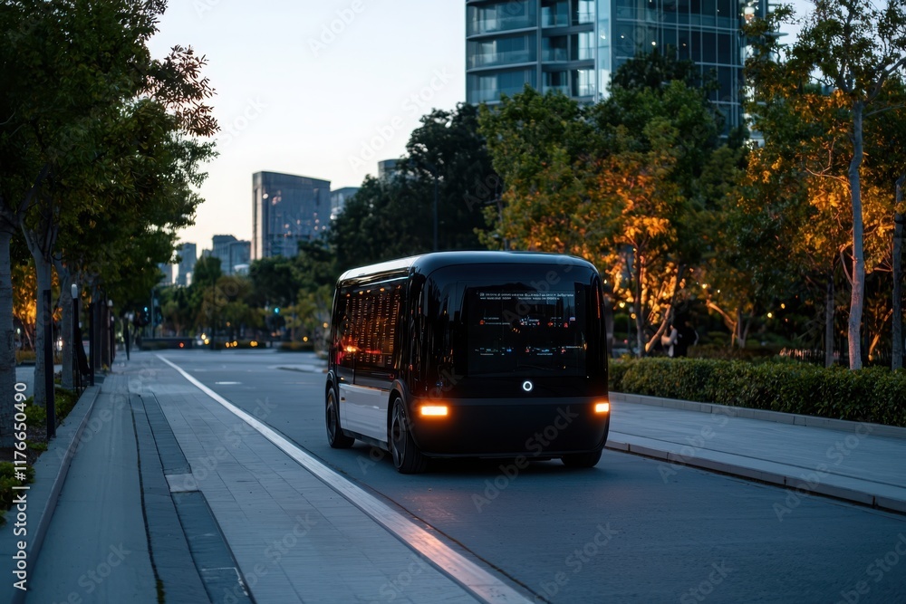 Obraz premium Autonomous vehicle initiative emphasizing safety features urban environment digital content evening setting futuristic viewpoint