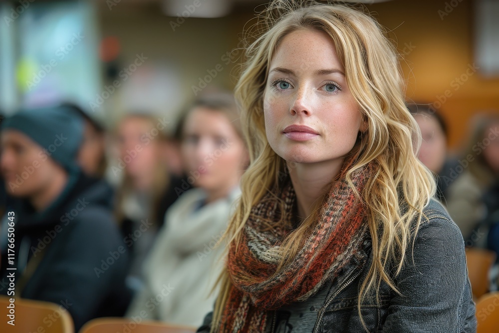 Fototapeta premium A young woman with wavy hair and a scarf gazes thoughtfully, surrounded by people in a classroom setting.