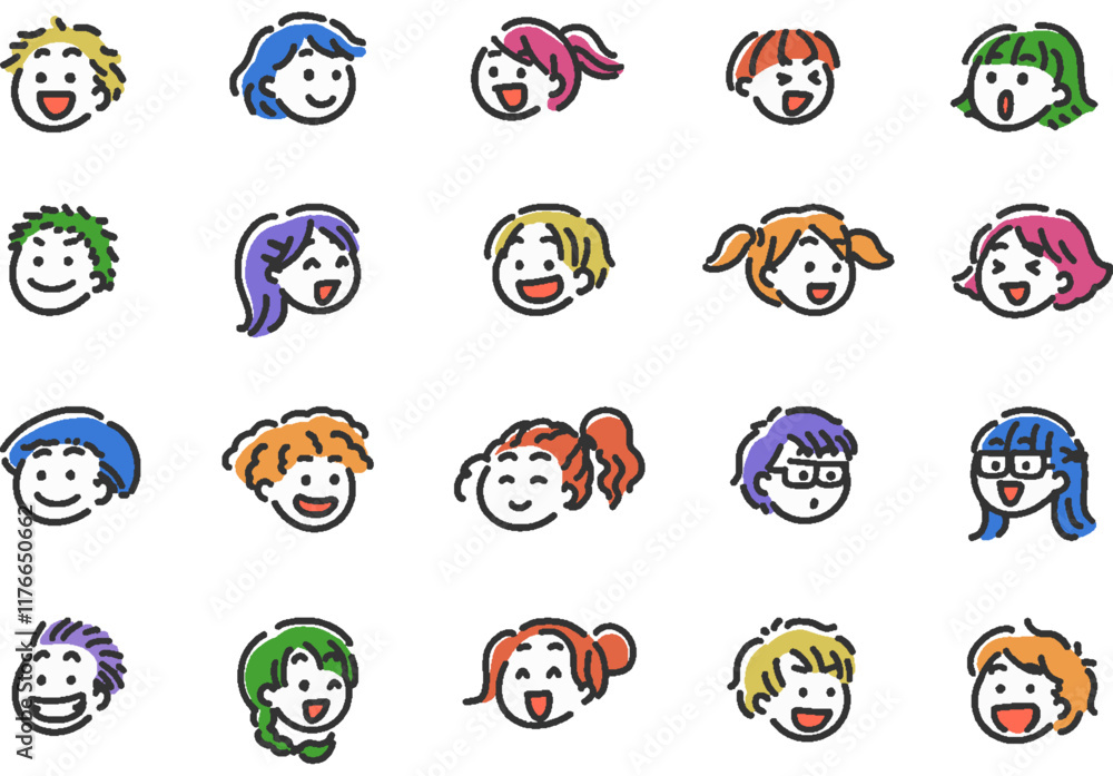 Obraz premium いろいろな表情の男の子と女の子の顔のイラストセット