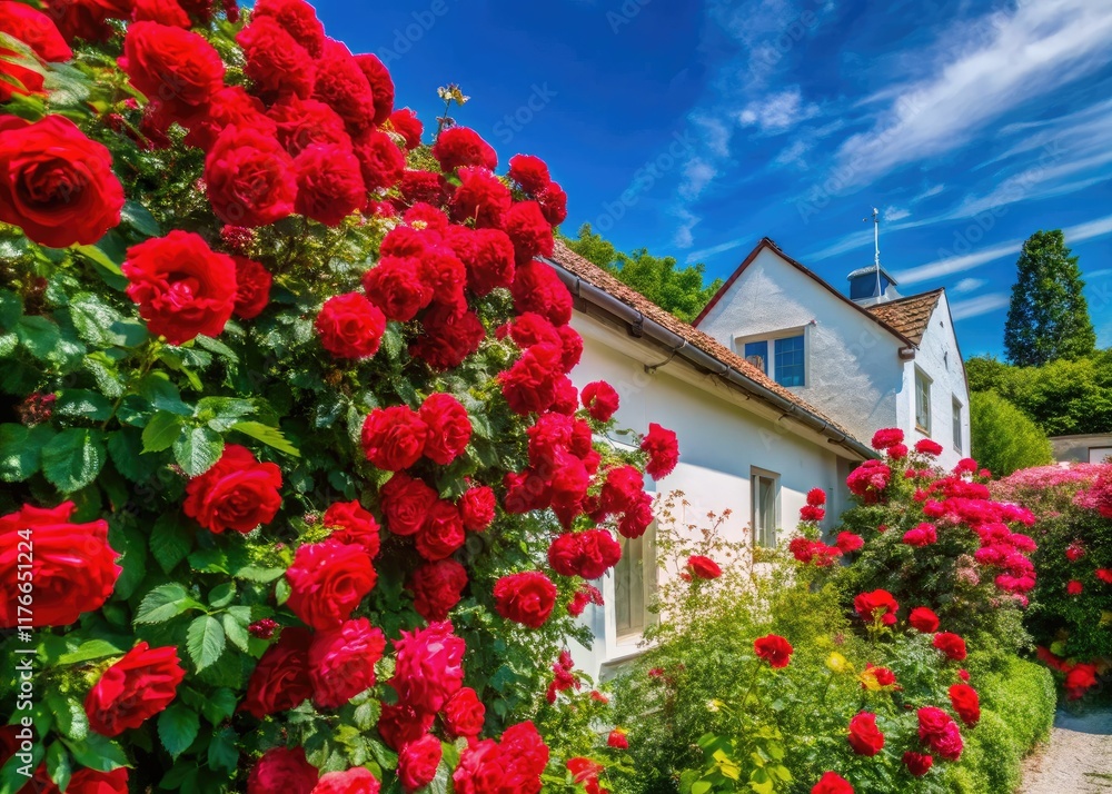 A breathtaking panoramic view: vibrant red roses cascade against a blue sky, framed by a house wall. A breathtaking panoramic view: vibrant red roses cascade against a blue sky, framed by a house wall.