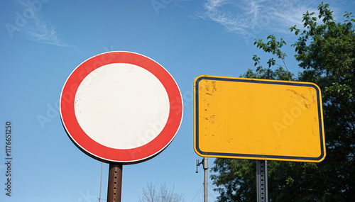 White, isolated, blank road sign with blue sky, perfect for traffic sign, warning, speed limit, stop, danger, or highway communication photo