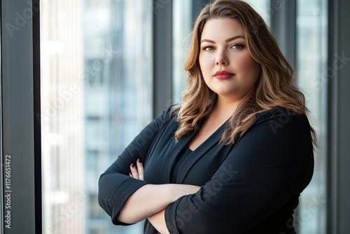 Confident plus-size businesswoman with crossed arms standing by a window Free Download Confident plus-size businesswoman with crossed arms standing by a window - GFXLoad