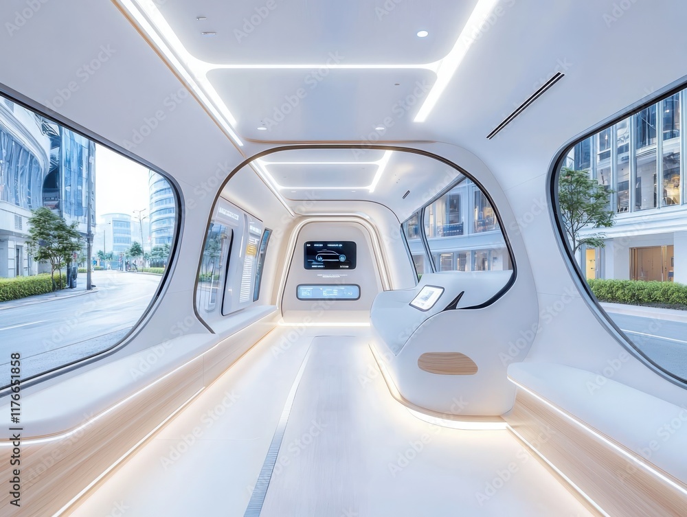 Obraz premium Autonomous vehicle interior design urban environment modern technology showcase futuristic setting inside view innovative lifestyle concept