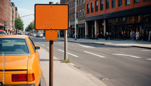 Busy street with traffic jam and cars on the road, featuring road signs and urban transportation photo