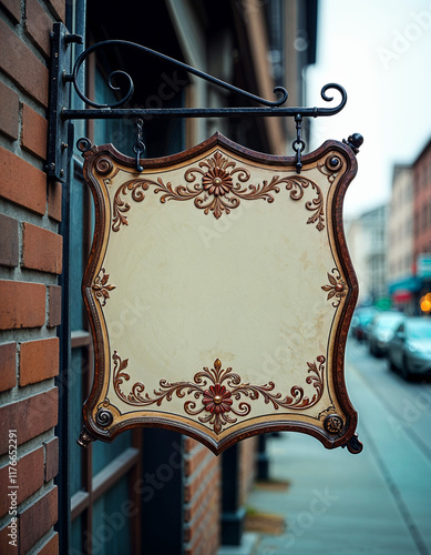 Vintage metal frame on the wall with antique design and decorative elements photo