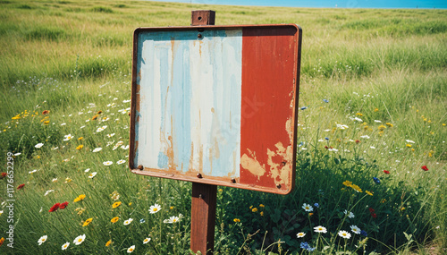 Wooden sign on the grass field with a blue sky in the background near a park and road photo