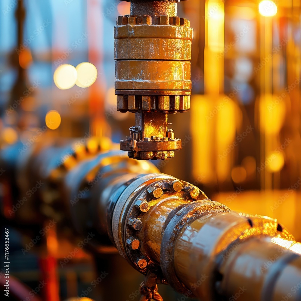 Obraz premium Close-Up of Industrial Pipe Fitting on Oil Rig with Golden Light Reflection, Highlighting Texture and Engineering Precision in Petroleum Industry Environment