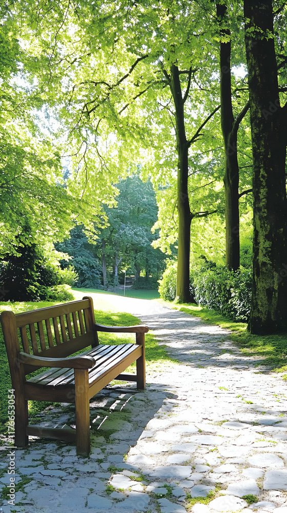 Serene Park Bench Illustration: Sunlit Pathway in Lush Green Forest Serene Park Bench Illustration: Sunlit Pathway in Lush Green Forest