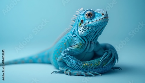 Blue Iguana - *Cyclura lewisi* - A vibrant blue iguana with intricate scale patterns, sits calmly, making direct eye contact with the camera against a solid blue background.  This stunning reptile sho photo