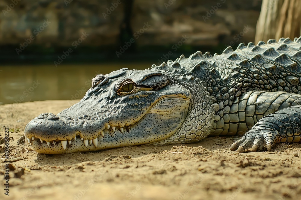 Fototapeta premium A close-up of a Nile crocodile basking on the riverbank with its mouth slightly open