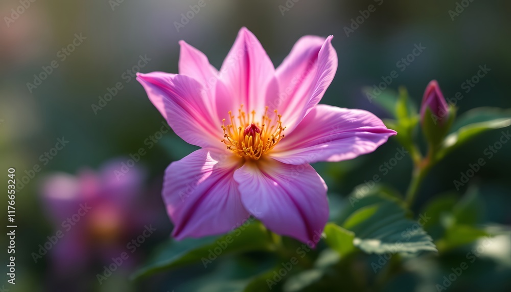 Stunning Pink Blossom with Delicate Petals and Vibrant Yellow Stamen Captured in Soft Focus Stunning Pink Blossom with Delicate Petals and Vibrant Yellow Stamen Captured in Soft Focus