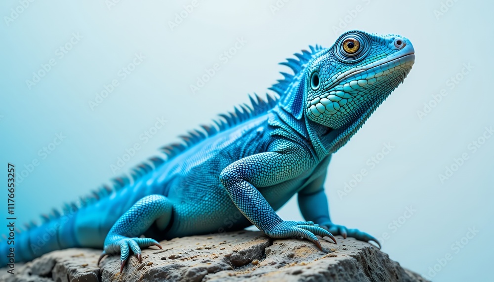 Obraz premium Blue Iguana - Cyclura Lewisi - A vibrant blue iguana with intricate scales, showcasing a striking cyan hue. The reptile sits alertly on a rock, its gaze directly at the camera, displaying its exotic b
